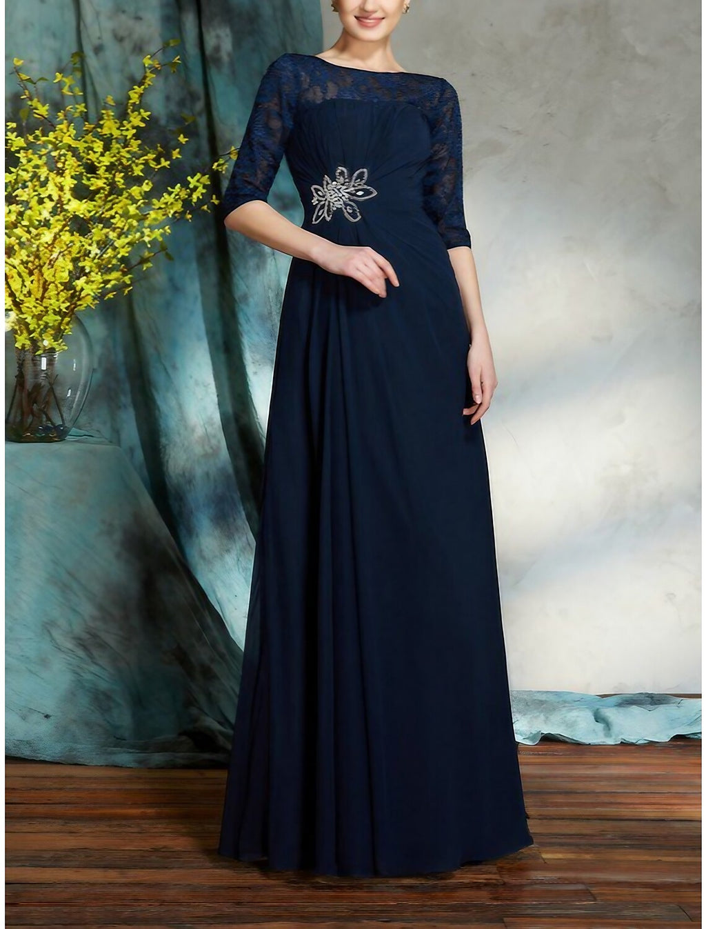 Mother of the Bride Dress Wedding Guest Elegant Scoop Neck Floor Length Half Sleeve with Crystals Ruching