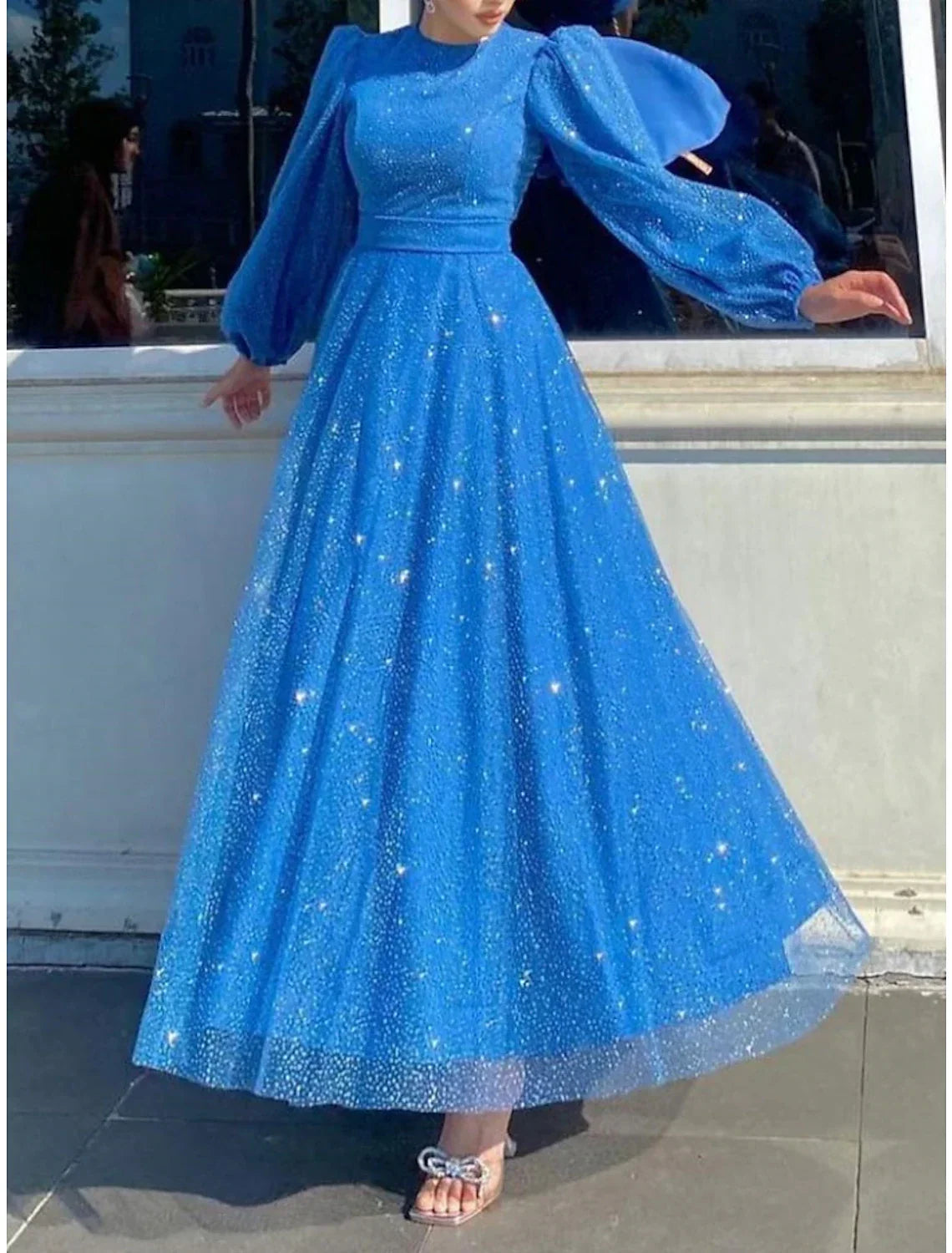 Evening Gown Elegant Dress Formal Ankle Length Long Sleeve Jewel Neck with Glitter Pleats