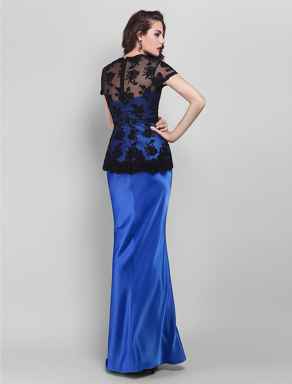 Holiday Cocktail Party Prom Dress V Neck Short Sleeve Floor Length with Appliques