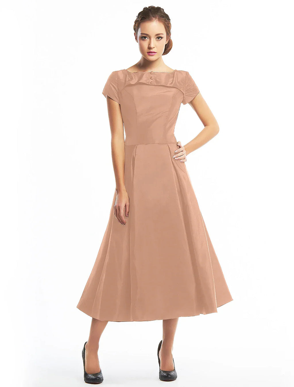 Vintage Dress Homecoming Wedding Guest Tea Length Short Sleeve Boat Neck Taffeta with Buttons