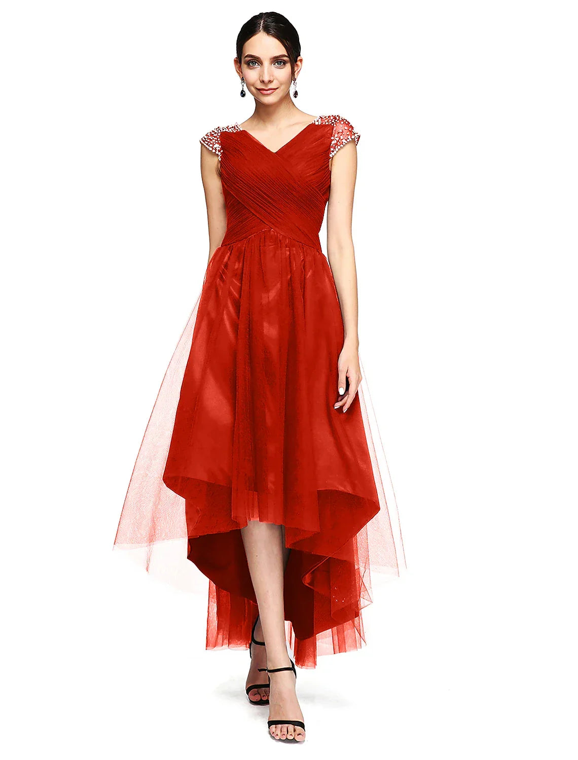 Special Occasion Dresses Open Back Dress Wedding Guest Asymmetrical Short Sleeve V Neck with Criss Cross Beading