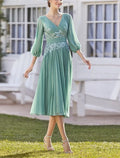 Mother of the Bride Dress Formal Wedding Guest Elegant V Neck Tea Length 3/4 Length Sleeve with Ruched