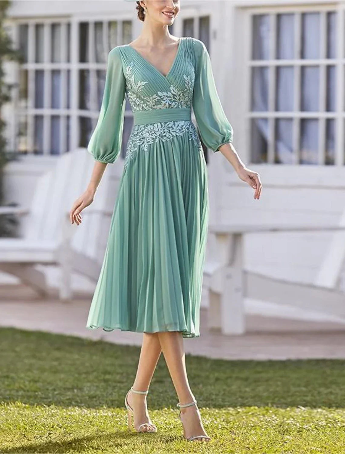 Mother of the Bride Dress Formal Wedding Guest Elegant V Neck Tea Length 3/4 Length Sleeve with Ruched