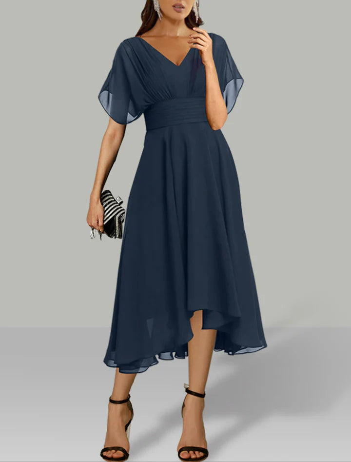 Navy Blue V-Neck Dolman Sleeve Chiffon High-Low Prom Dress