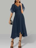 Navy Blue V-Neck Dolman Sleeve Chiffon High-Low Prom Dress