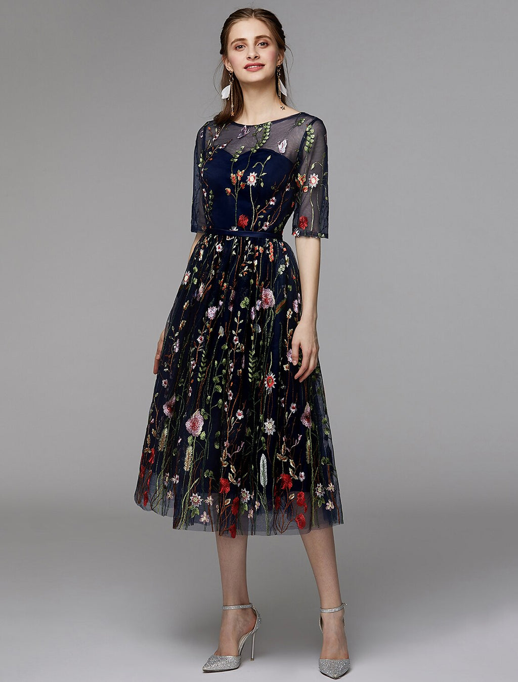 Holiday Tea Length Half Sleeve Illusion Neck Fall Wedding Guest with Embroidery Appliques
