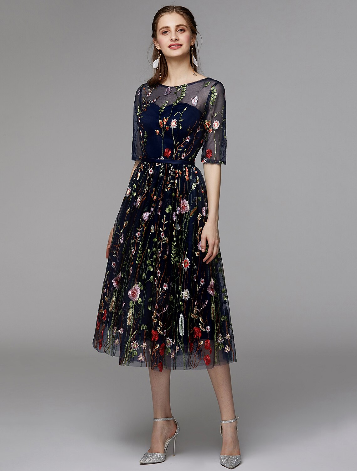 Holiday Tea Length Half Sleeve Illusion Neck Fall Wedding Guest with Embroidery Appliques