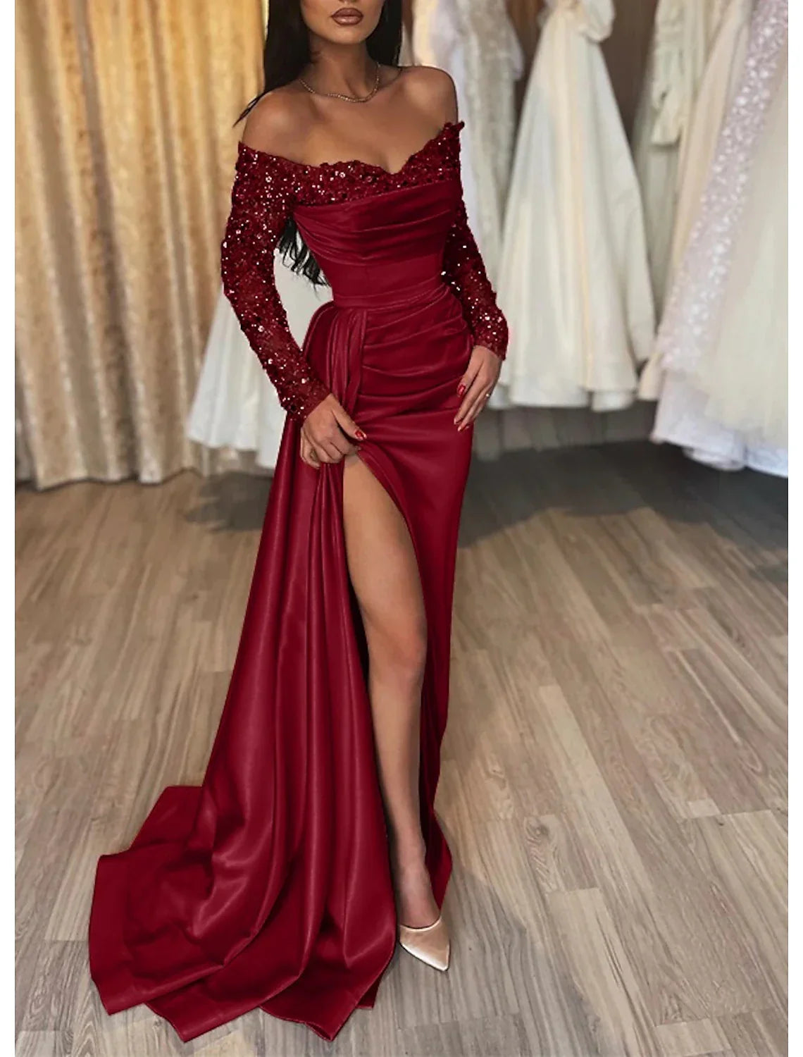 Black Mermaid Dress Evening Gown Ruched Dress Formal Sparkle Wedding Party Court Train Long Sleeve Off Shoulder Fall Wedding Reception with Slit