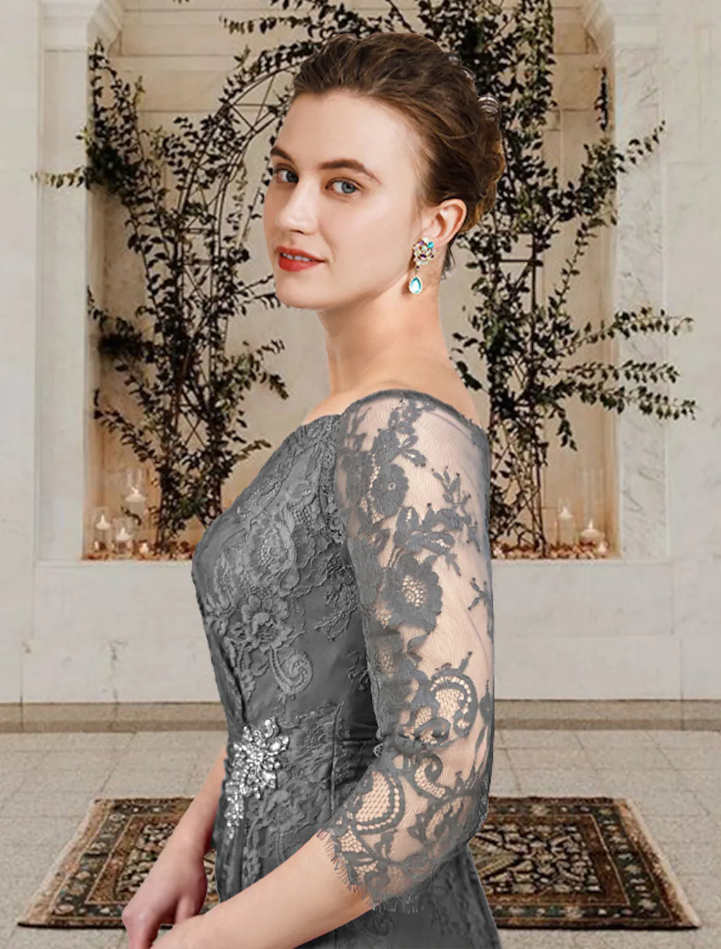 Mother of the Bride Dress Plus Size Elegant Floor Length Short Sleeve Ruffles Crystal Brooch