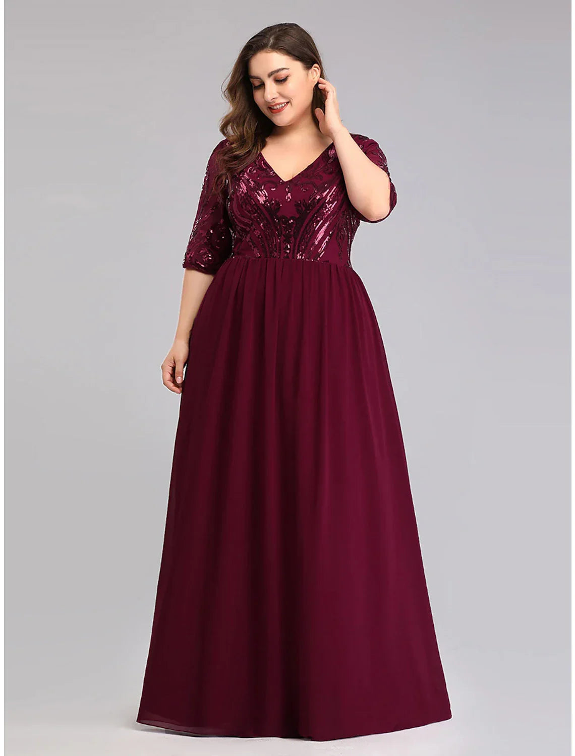 Plus Size Dress Wedding Guest Floor Length Half Sleeve Plunging Neck