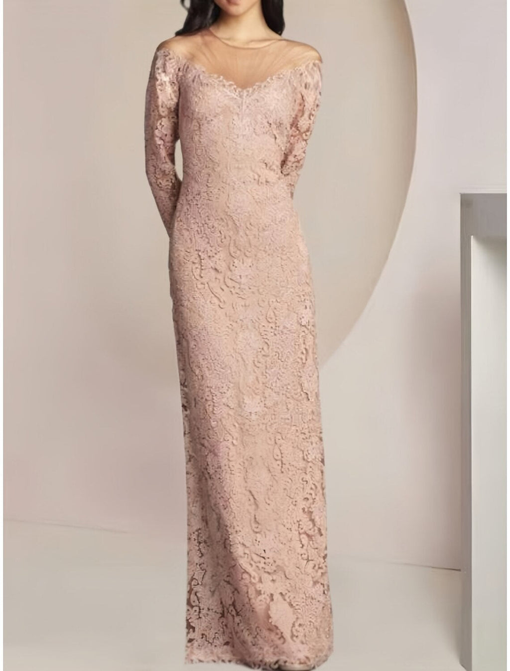 Sheath / Column Mother of the Bride Dress Wedding Guest Elegant Illusion Neck Floor Length Long Sleeve with Solid Color