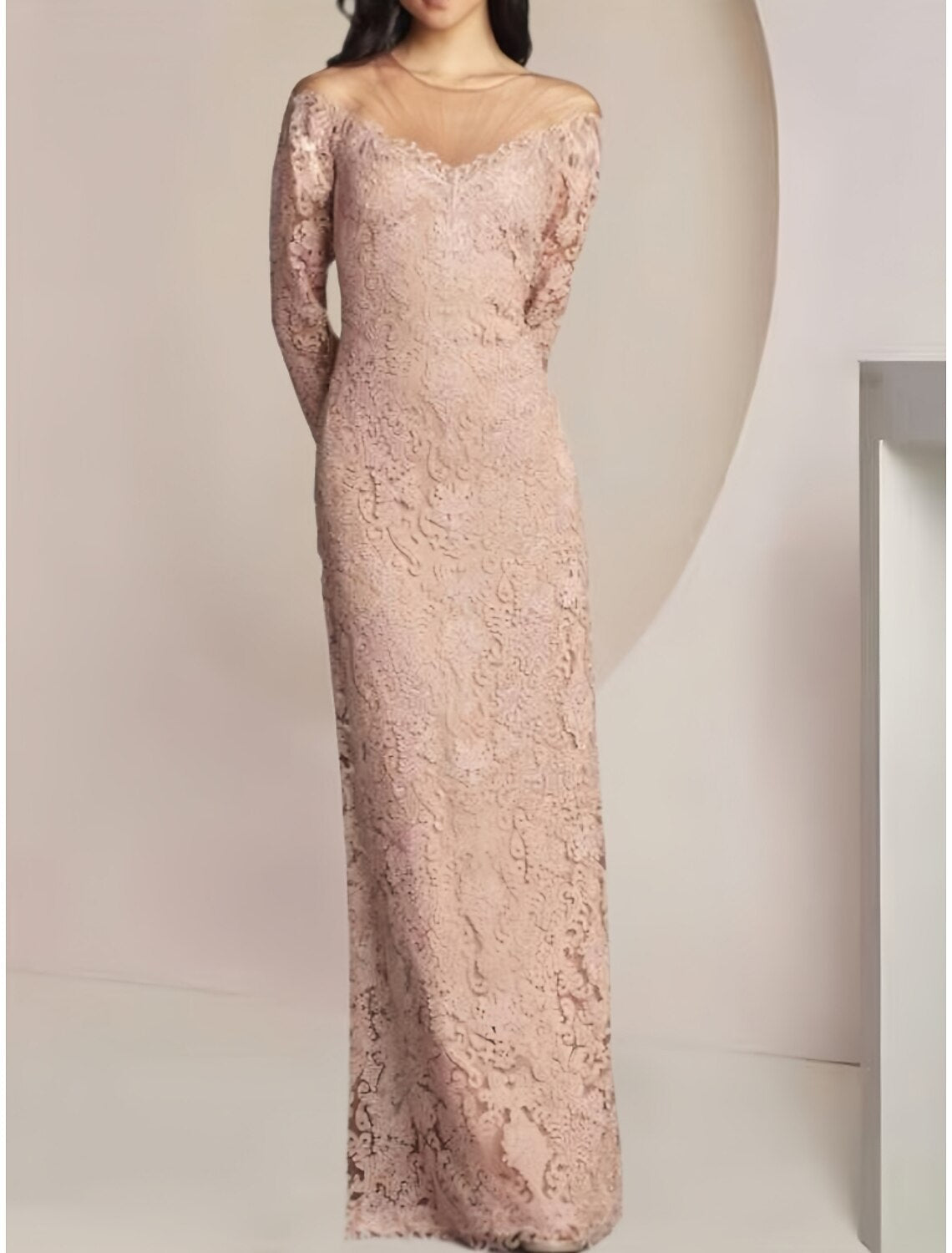 Sheath / Column Mother of the Bride Dress Wedding Guest Elegant Illusion Neck Floor Length Long Sleeve with Solid Color