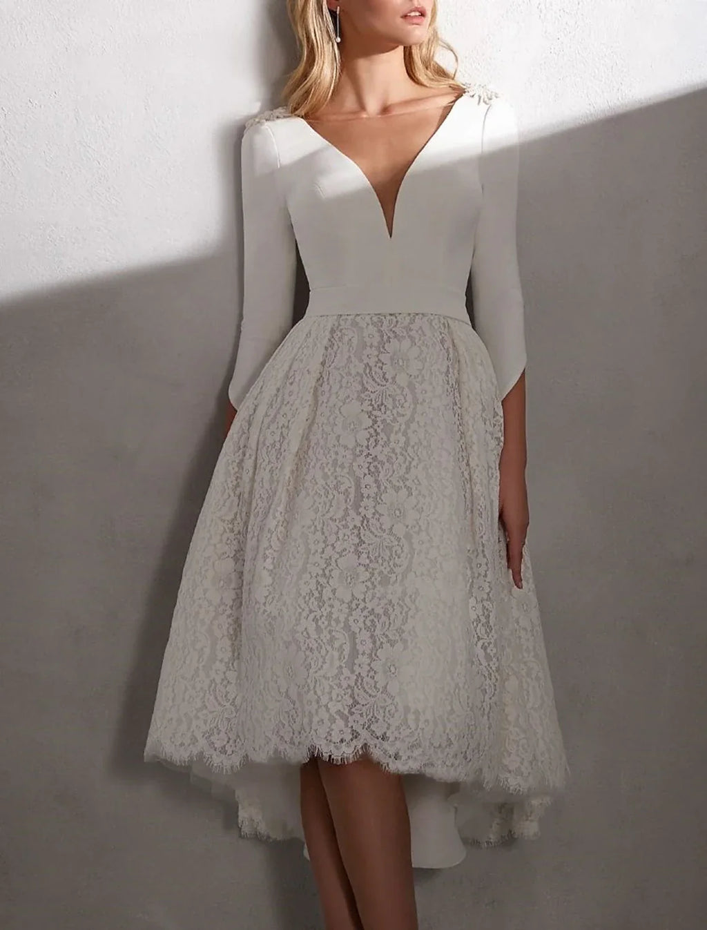 Reception Simple Wedding Dresses Wedding Dresses Sheath / Column Off Shoulder Cap Sleeve Tea Length Bridal Gowns With Appliques Split Front