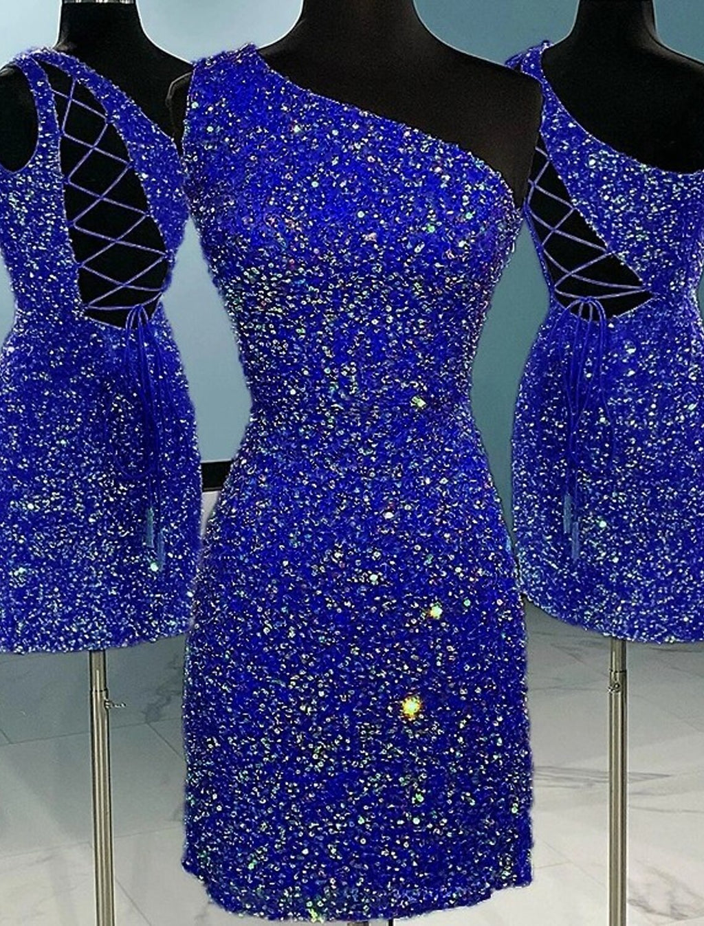Short / Mini One Shoulder Sheath / Column Homecoming Dresses Sparkle & Shine Dress Holiday Sleeveless with Glitter Strappy
