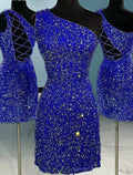 Short / Mini One Shoulder Sheath / Column Homecoming Dresses Sparkle & Shine Dress Holiday Sleeveless with Glitter Strappy