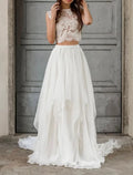 Boho Wedding Dresses Two Piece Scoop Neck Sleeveless Court Train Bridal Suits Bridal Gowns With Appliques Solid Color