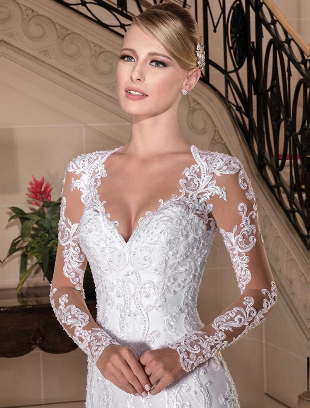 Engagement Formal Wedding Dresses Chapel Long Sleeve V Neck Beading