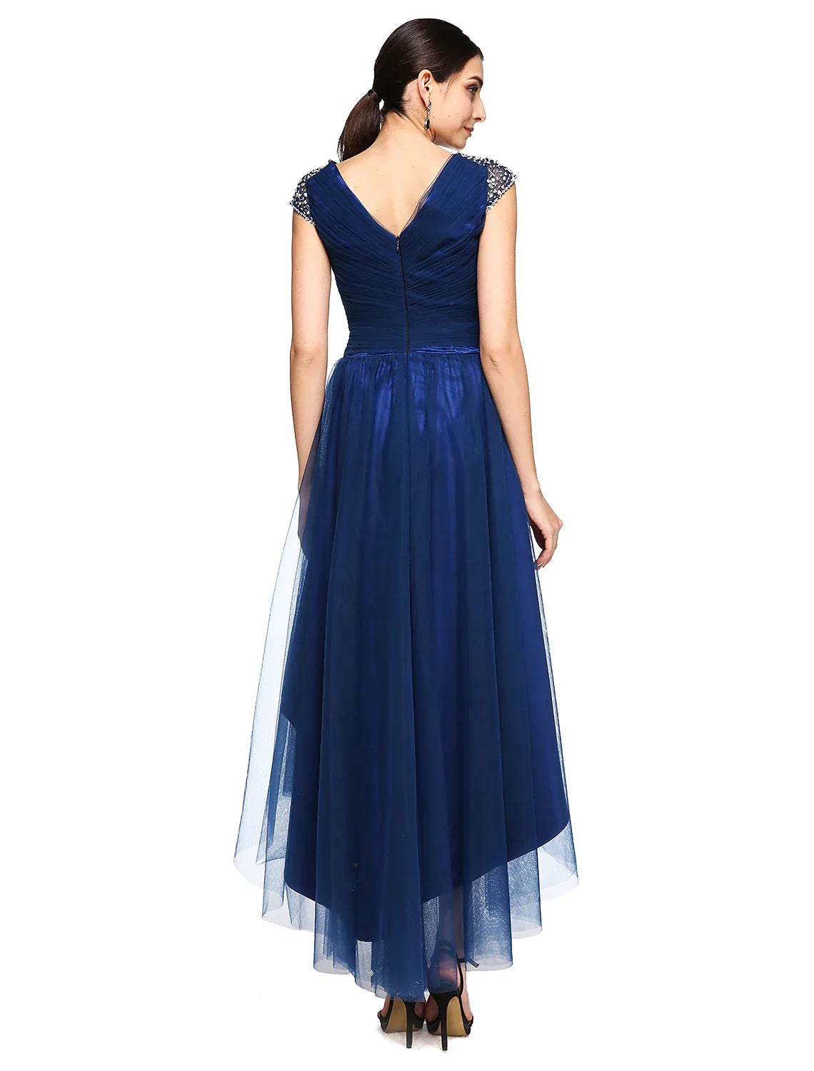 Special Occasion Dresses Open Back Dress Wedding Guest Asymmetrical Short Sleeve V Neck with Criss Cross Beading