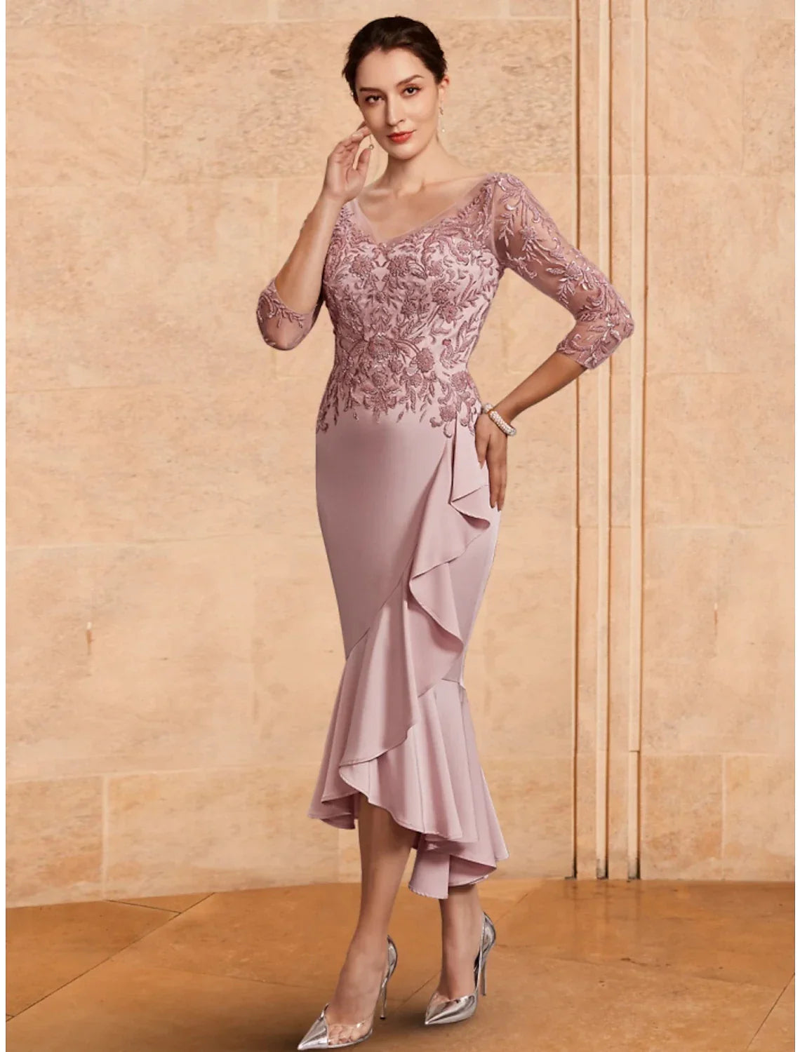 Mother of the Bride Dress Wedding Guest Elegant V Neck Ankle Length Fabric 3/4 Length Sleeve with Ruching Solid Color