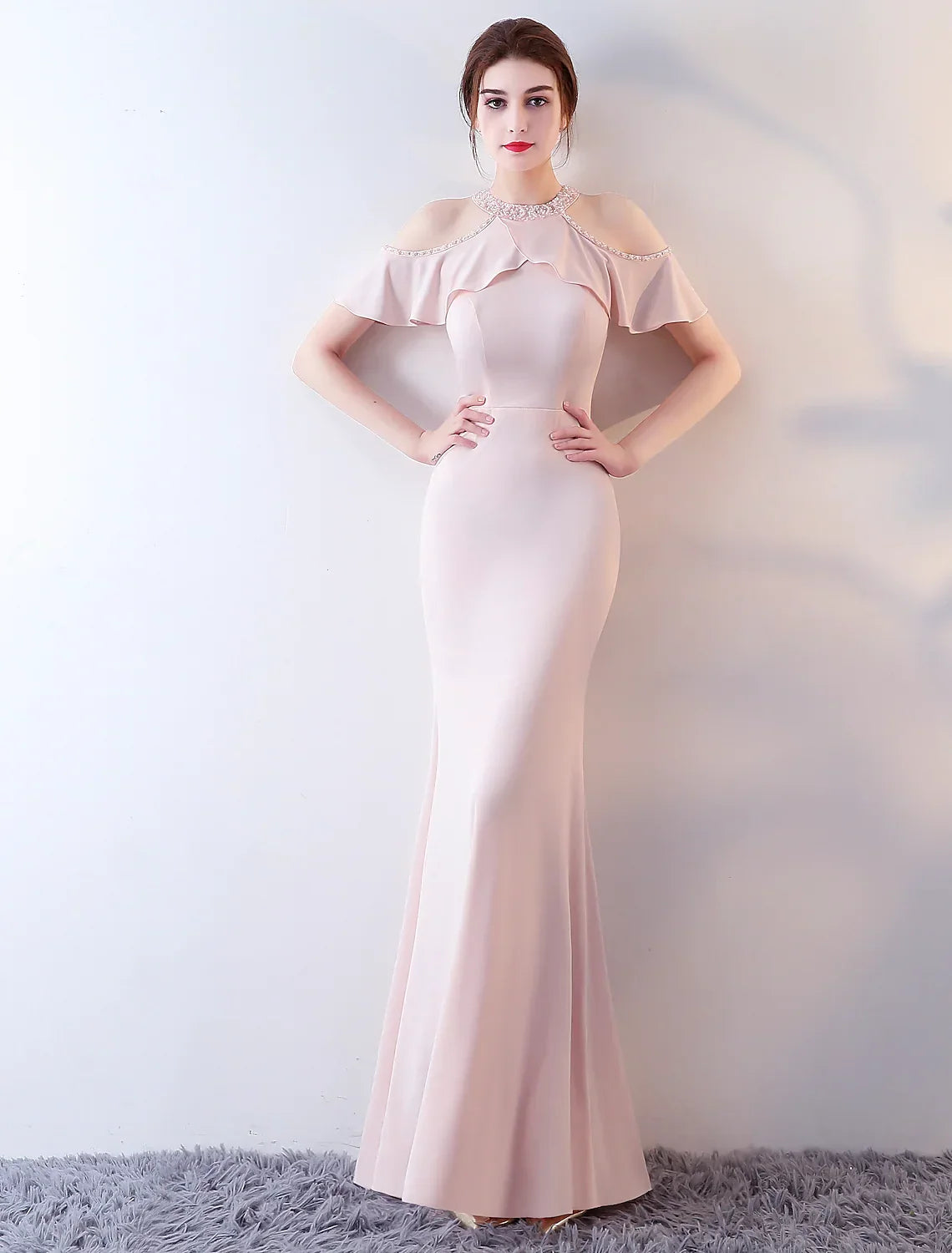Floor Length Short Sleeve Halter Beading Ruffles
