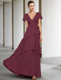 Mother of the Bride Dress Vintage Elegant V Neck Floor Length Short Sleeve Sash Ribbon Cascading Ruffles