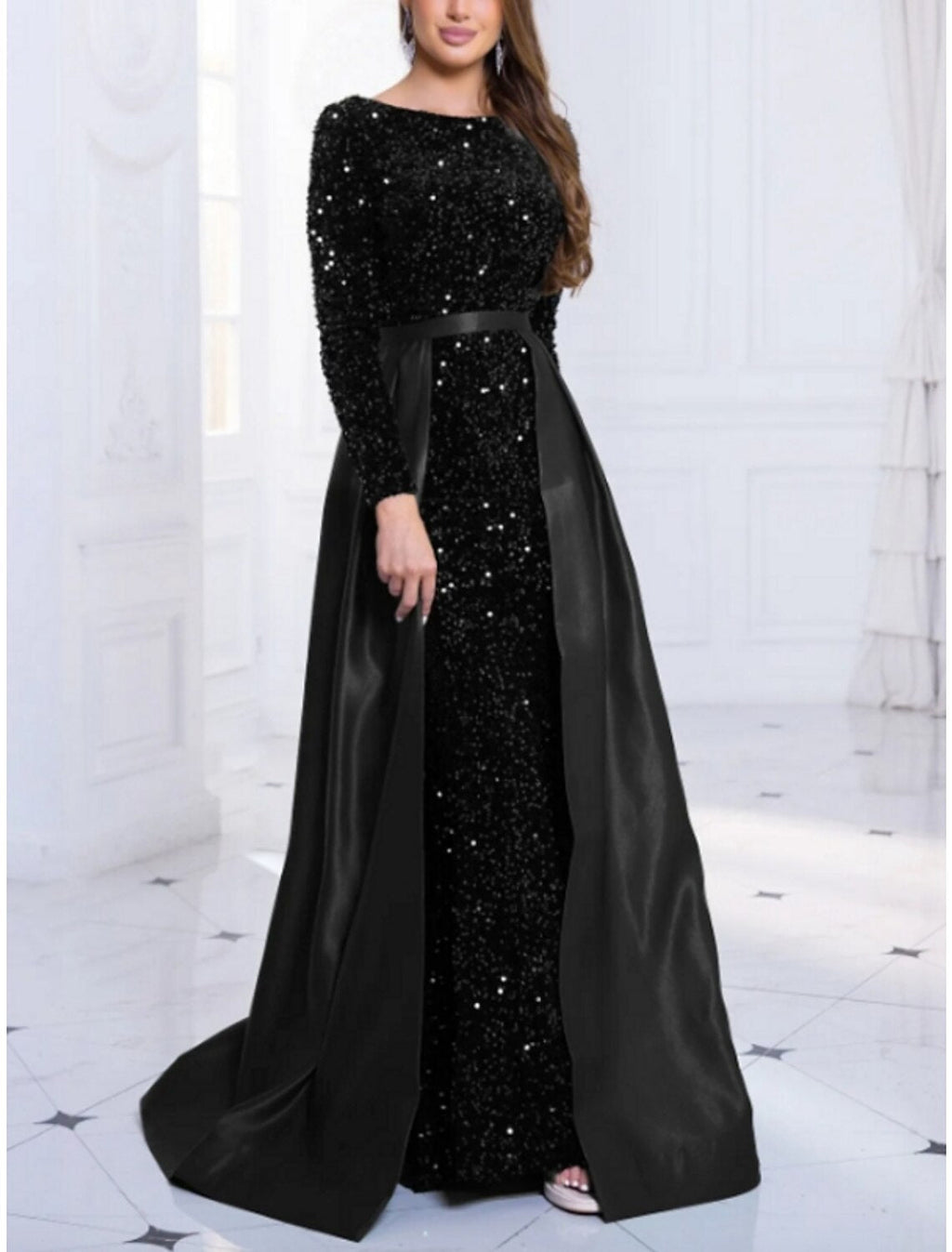 Black Evening Gown Sparkle & Shine Dress Plus Size Formal Fall Sweep / Brush Train Long Sleeve Jewel Neck with Glitter Pleats