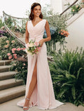 Bridesmaid Dress V Neck Sleeveless Elegant Floor Length with Split Front Ruching