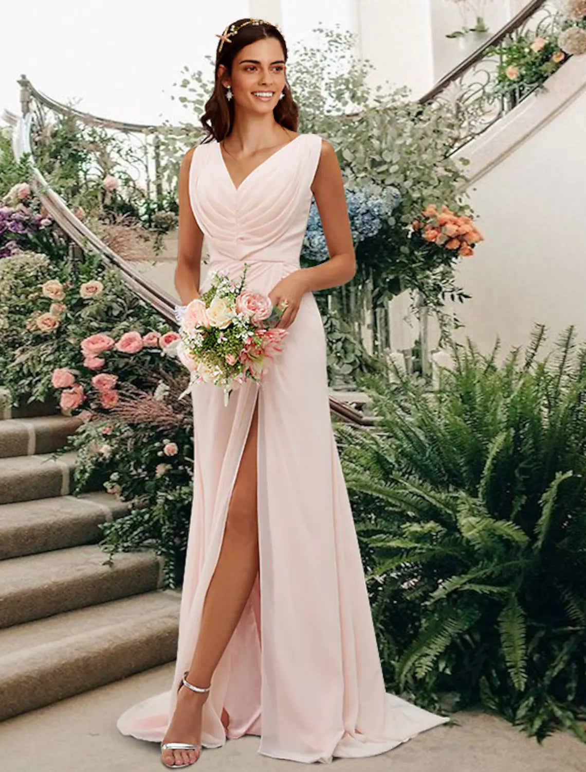 Bridesmaid Dress V Neck Sleeveless Elegant Floor Length with Split Front Ruching