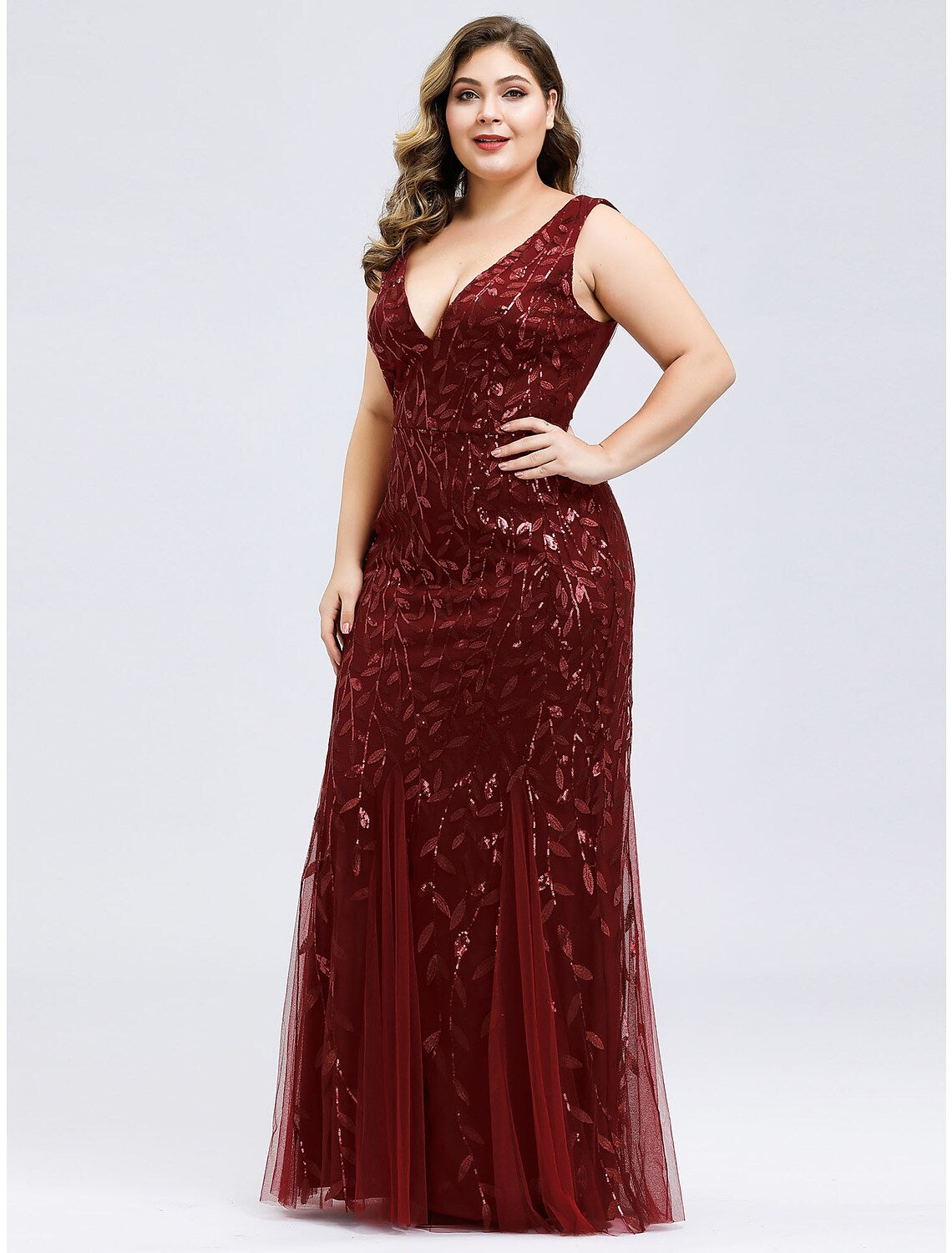 Evening Gown Plus Size Dress Wedding Guest Floor Length Sleeveless V Neck V Back Appliques
