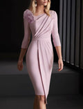 Elegant sheath draped neck 3/4 sleeve vback midi mother of the bride dresses