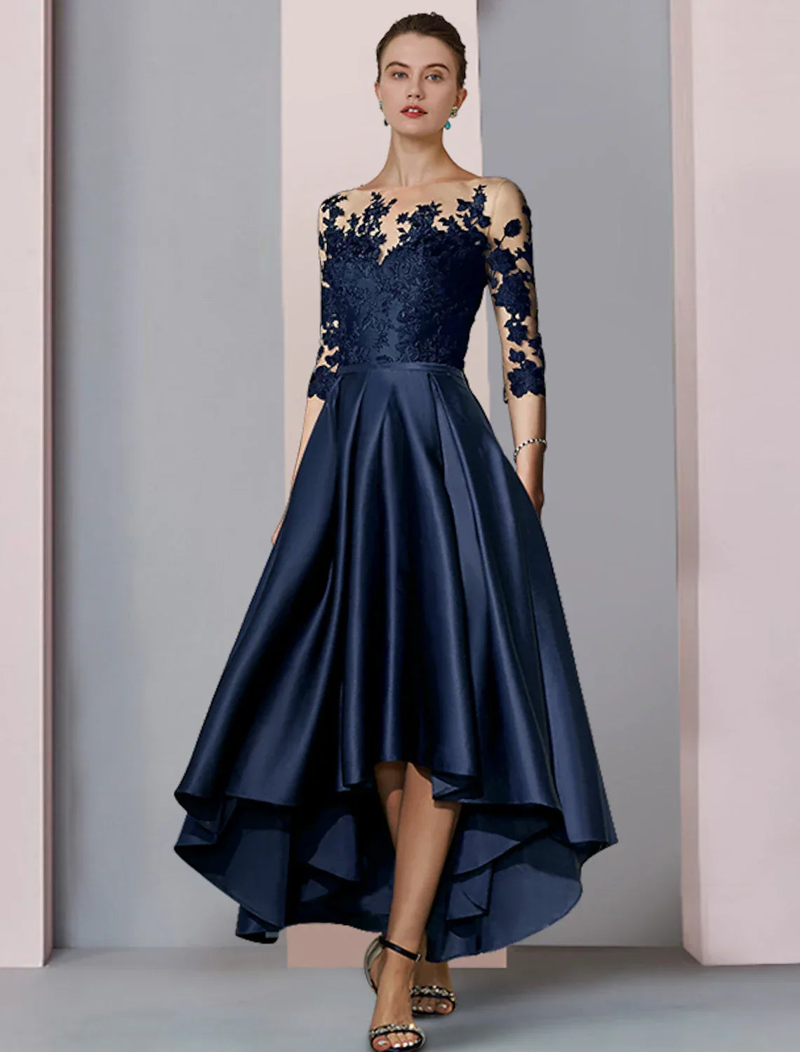 Mother of the Bride Dress Wedding Guest Elegant High Low Scoop Neck Asymmetrical Tea Length 3/4 Length Sleeve with Pleats Appliques