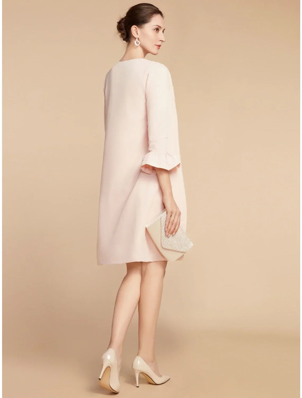 Two Piece A-Line Mother of the Bride Dress Wedding Guest Elegant Petite Jewel Neck Short / Mini Fabric 3/4 Length Sleeve with Bow(s) Ruffles Solid Color