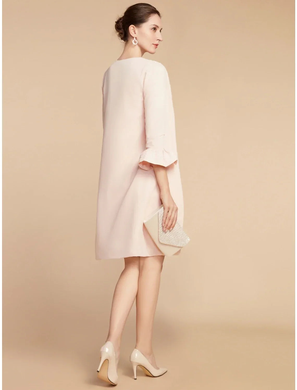 Two Piece A-Line Mother of the Bride Dress Wedding Guest Elegant Petite Jewel Neck Short / Mini Fabric 3/4 Length Sleeve with Bow(s) Ruffles Solid Color