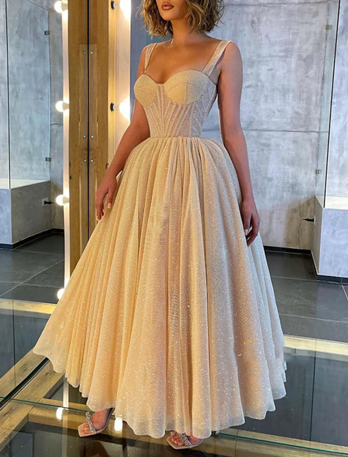 Ball Gown Prom Dresses Corsets Dress Wedding Party Dress Birthday Ankle Length Sleeveless Spaghetti Strap with Glitter
