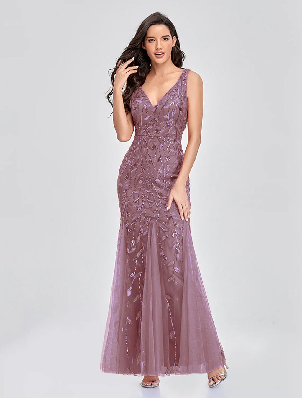Party Wear Formal Evening Dress V Neck V Back Sleeveless Floor Length with Embroidery