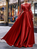 Green Evening Gown Party Dress Christmas Red Dress Elegant Dress Wedding Guest Fall Floor Length Long Sleeve Off Shoulder Belt / Sash with Appliques