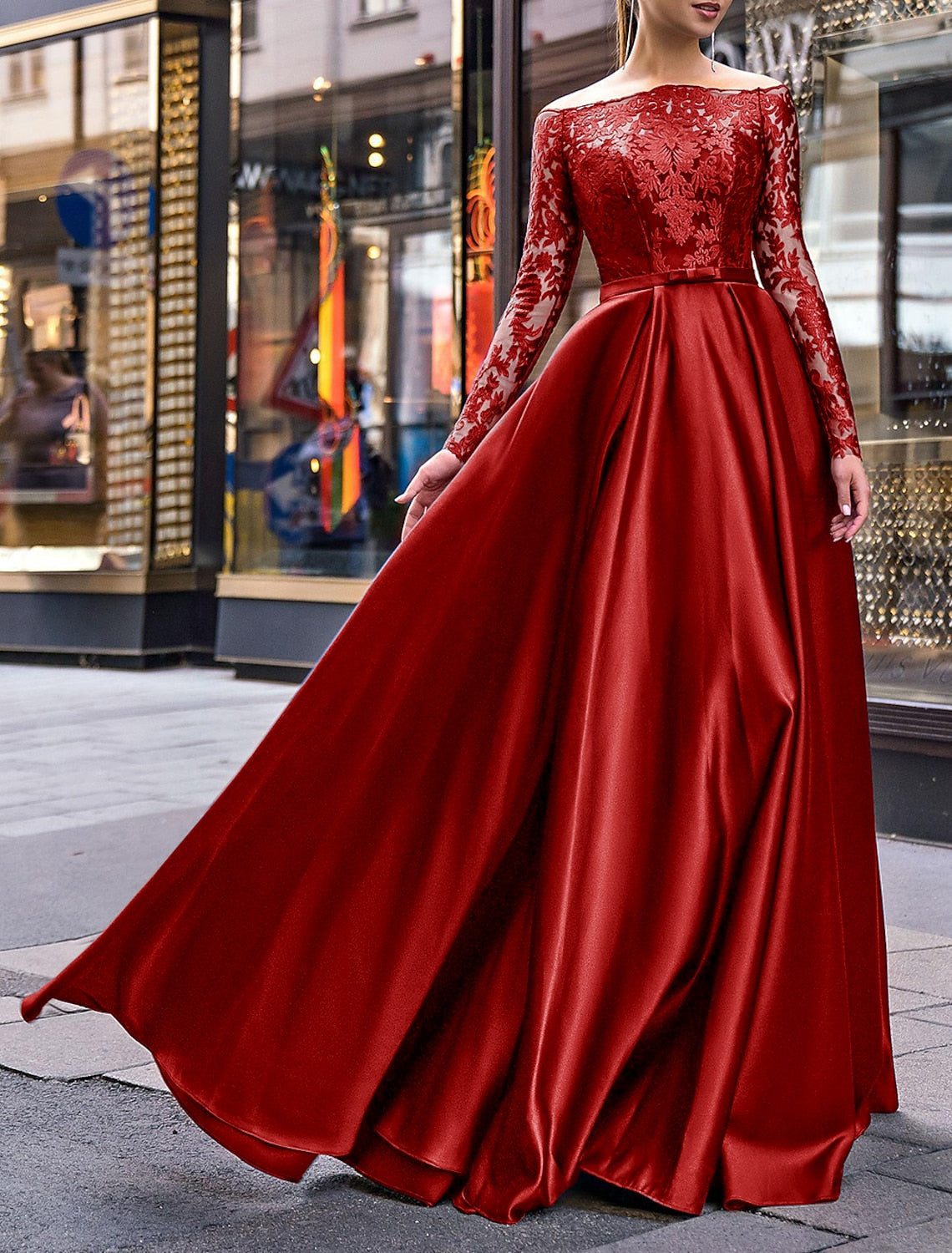 Green Evening Gown Party Dress Christmas Red Dress Elegant Dress Wedding Guest Fall Floor Length Long Sleeve Off Shoulder Belt / Sash with Appliques