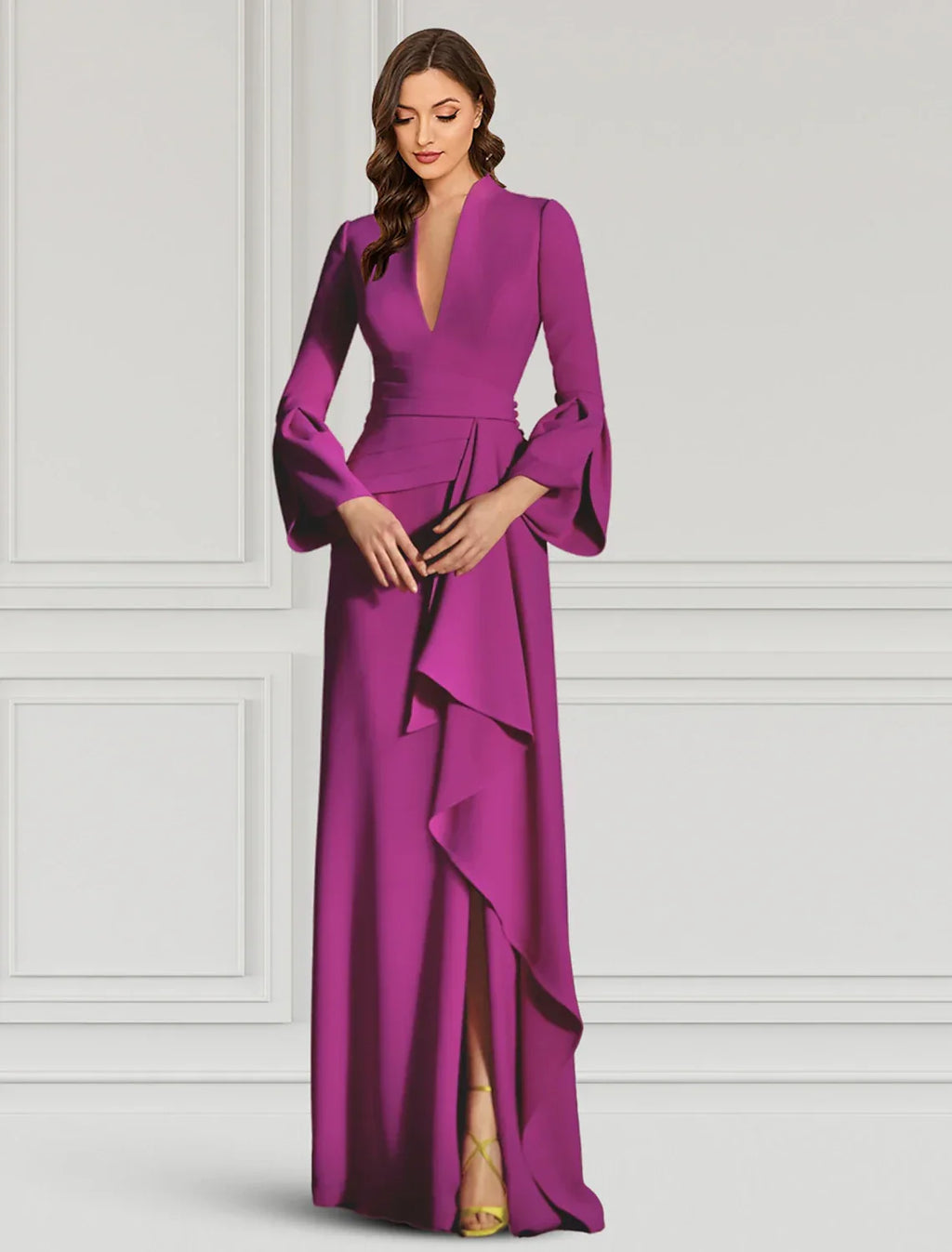 Black Sheath Evening Gown Elegant Dress Formal Cocktail Party Dress Floor Length Long Sleeve V Neck Fall Wedding Guest Fabric with Ruffles