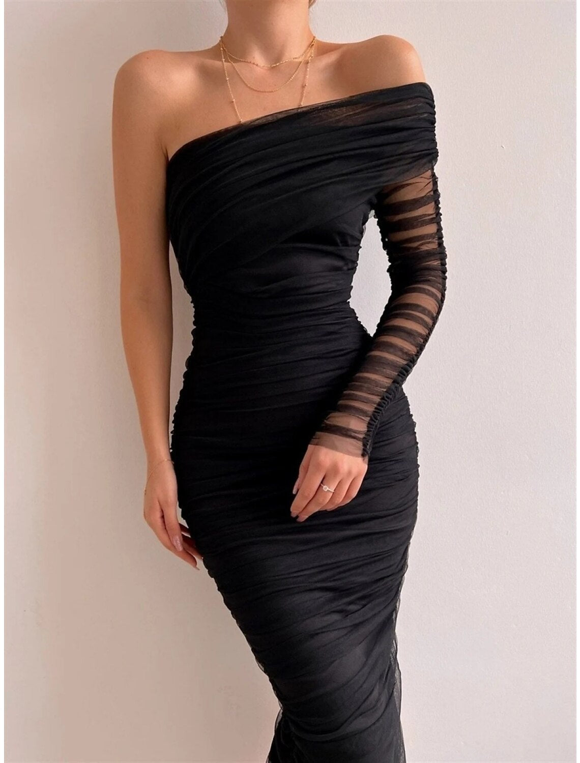 Sheath / Column Evening Gown Sexy Dress Formal Knee Length Long Sleeve One Shoulder with Ruched Slit