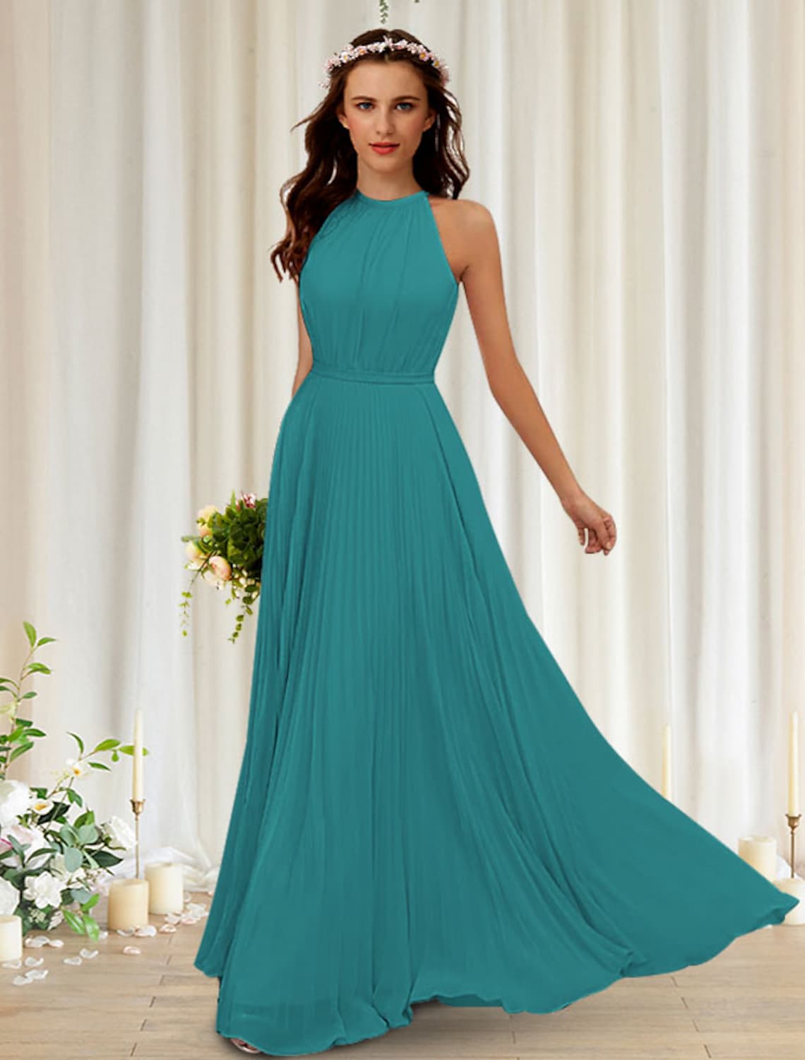 Bridesmaid Dress Sleeveless Elegant Floor Length with Pleats