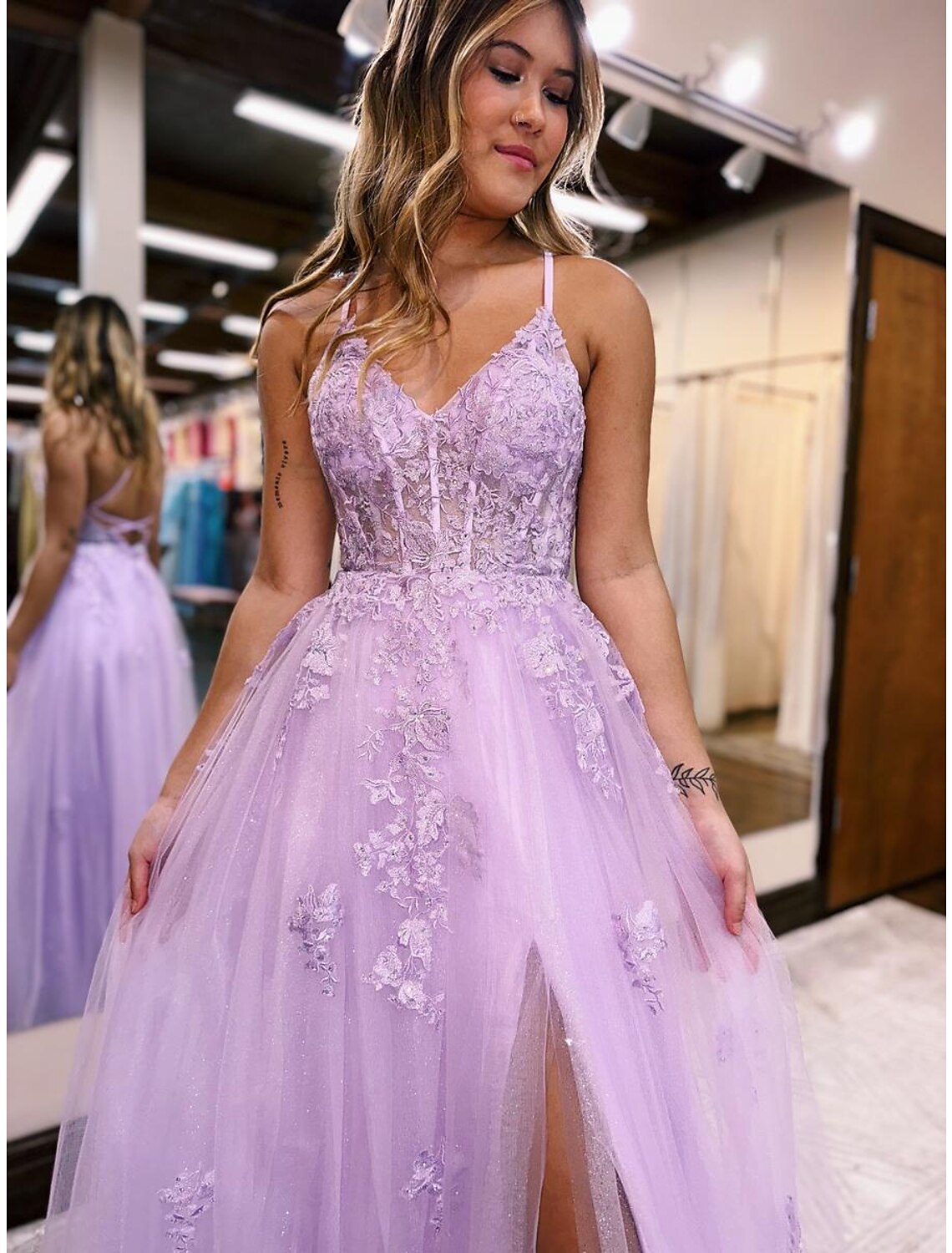 Evening Gown Open Back Dress Formal Prom Floor Length Sleeveless V Neck Backless with Beading Slit Appliques