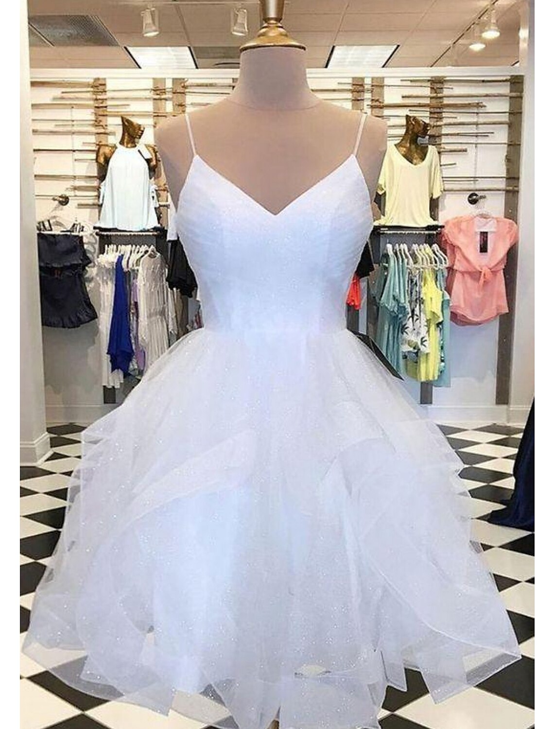 Ball Gown Homecoming Dresses Glittering Mini Dresses Puff Tiered Dresses Sleeveles Spaghetti Strap