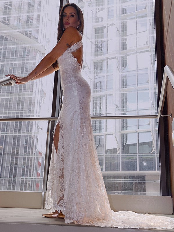 Trumpet/Mermaid Sleeveless Halter Sweep/Brush Train Wedding Dresses