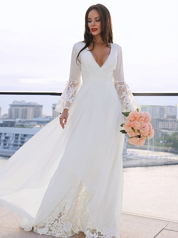 A-Line/Princess V-neck Long Sleeves Sash/Ribbon/Belt Sweep/Brush Train Wedding Dresses
