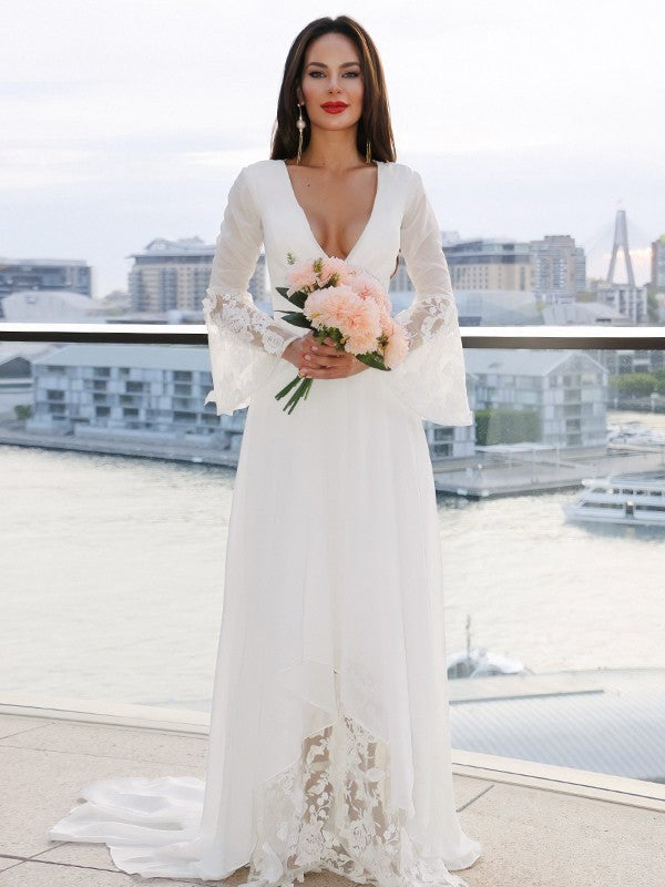A-Line/Princess V-neck Long Sleeves Sash/Ribbon/Belt Sweep/Brush Train Wedding Dresses
