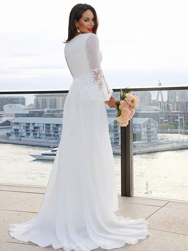 A-Line/Princess V-neck Long Sleeves Sash/Ribbon/Belt Sweep/Brush Train Wedding Dresses