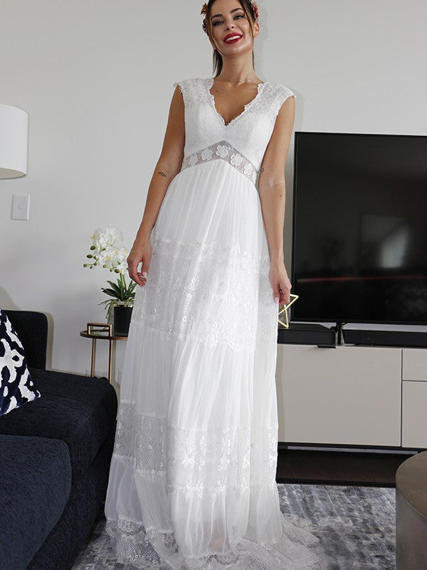 A-Line/Princess V-neck Short Sleeves Ruched Floor-Length Wedding Dresses