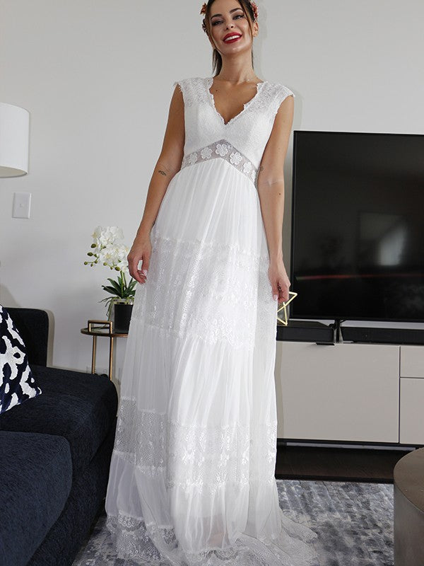A-Line/Princess V-neck Short Sleeves Ruched Floor-Length Wedding Dresses