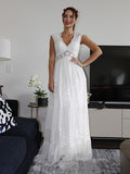 A-Line/Princess V-neck Short Sleeves Ruched Floor-Length Wedding Dresses