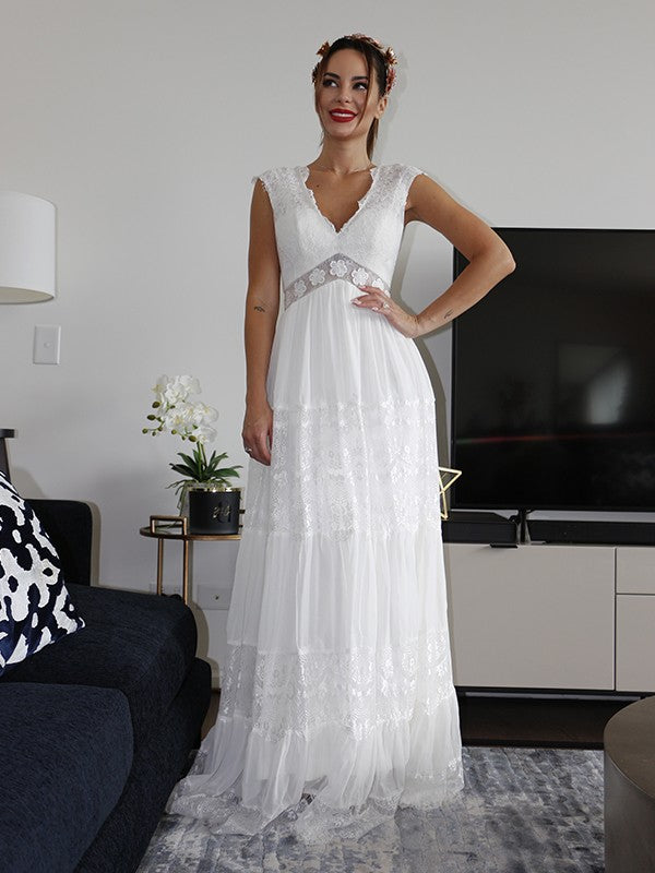 A-Line/Princess V-neck Short Sleeves Ruched Floor-Length Wedding Dresses